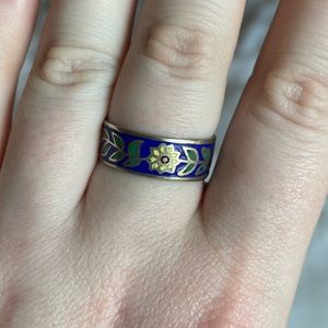 Vintage Blue Sunflower Floral Enamel Ring